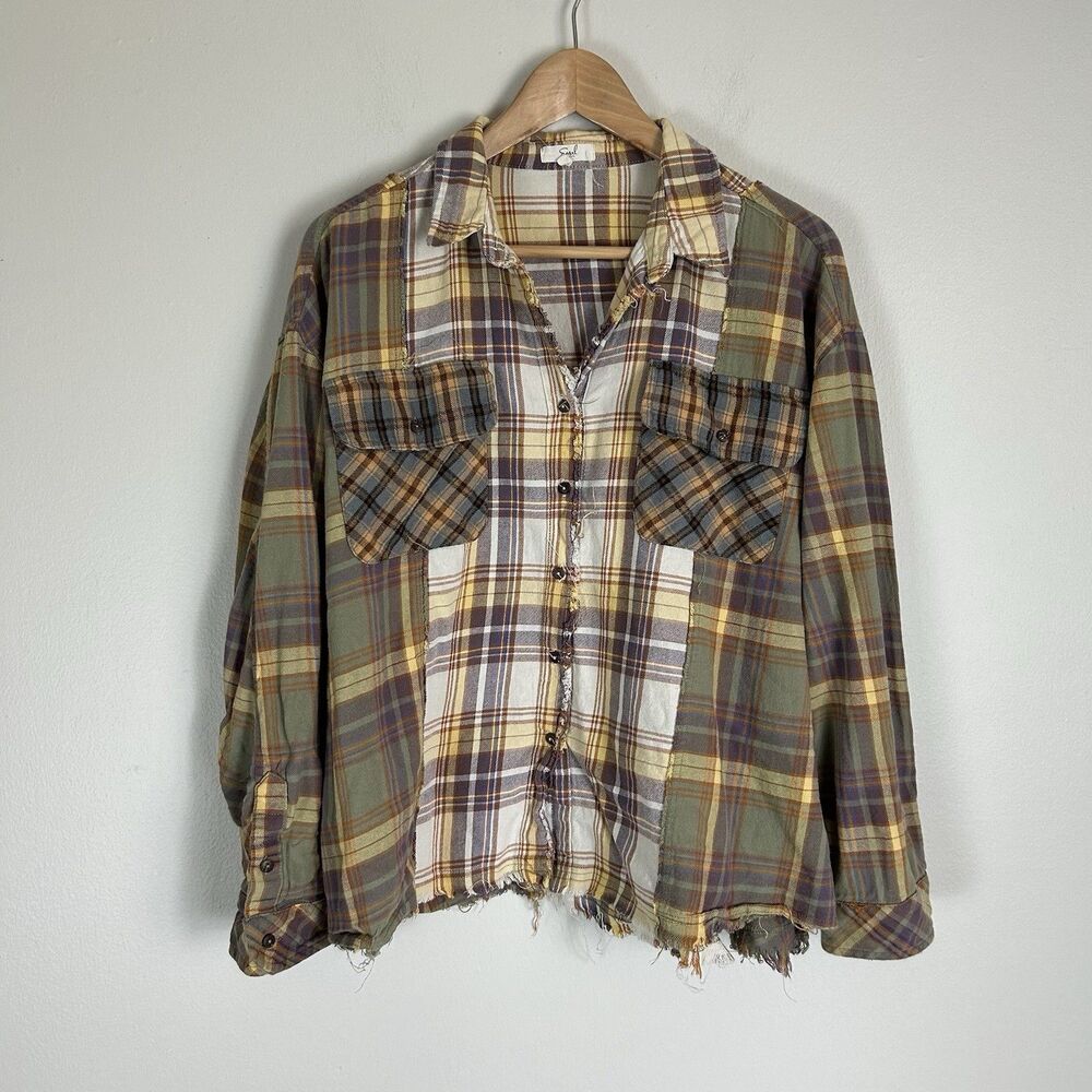 Easel Patchwork Plaid Button Up Shirt Boho Raw Hem Oversized Large Grunge